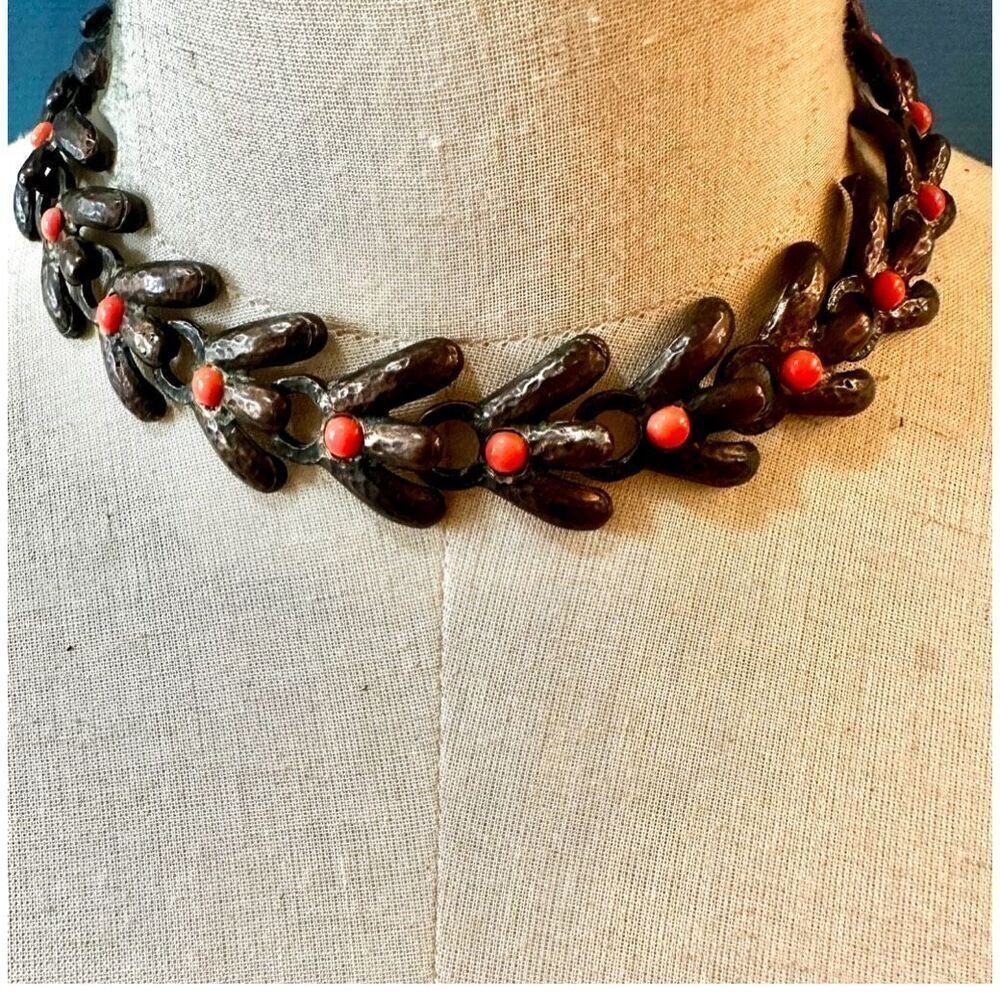 Vintage Rebajes Heavy Mid-Century Modern Copper orange beaded Choker Necklace